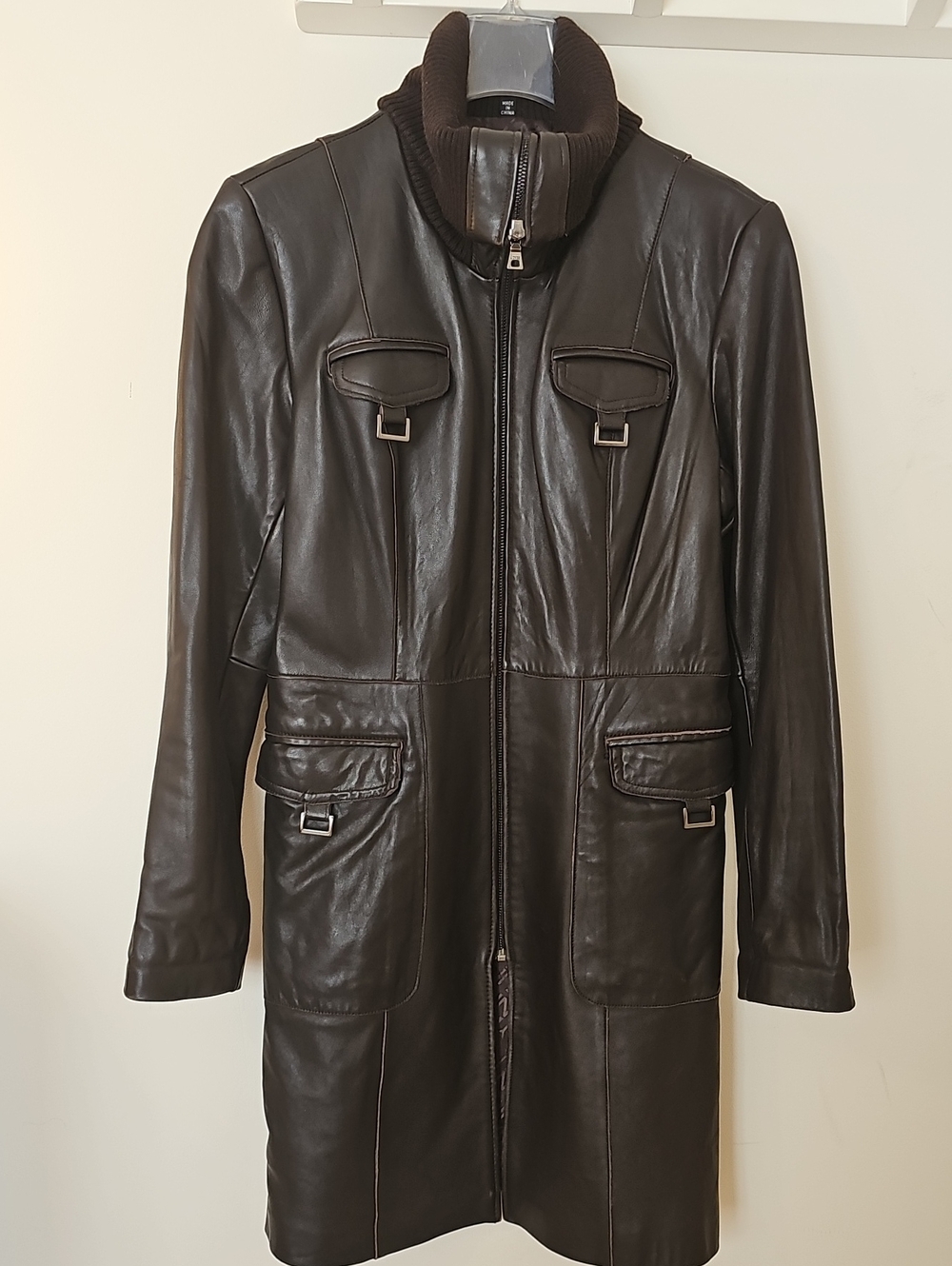 Jones New York Women's Dark Brown Leather Trench Coat with Wool Rib Knit Collar